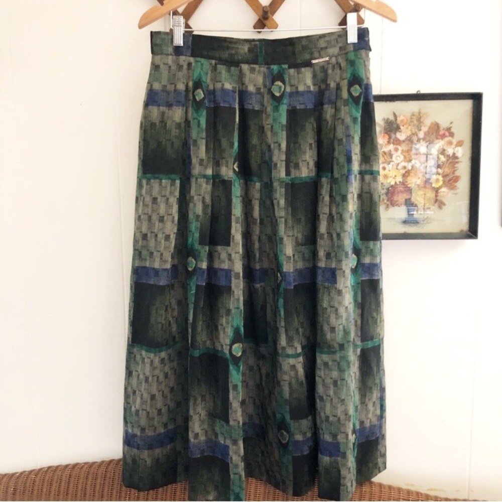 Vintage Geiger Austria Wool Peacock Plaid Maxi Skirt, EU 42/Large